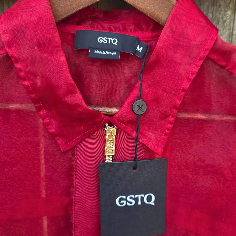 GSTQ Sheer Cinched Zip Jacket Valentine Red Gold Hardware Sz M Made in Portugal - Picture 7 of 9